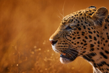 leopard golden grass sunset, savuti, chobe np, in botswana, africa. big spotted cat in the wild natu