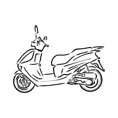 Wall Mural - Retro scooter hand drawn ink line art, moped vector illustration isolated on white