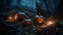 Pumpkins Burning In Forest At Night - Halloween Background, Generative AI