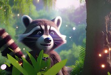 Abstract Cartoon Raccoon In Mystical Forest Background Generative AI