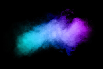 Wall Mural - beautiful horizontal column of smoke in the neon bright light of blue pink and orange on a black bac