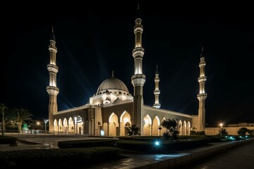 Nighttime mosque during Ramadan. Generative AI