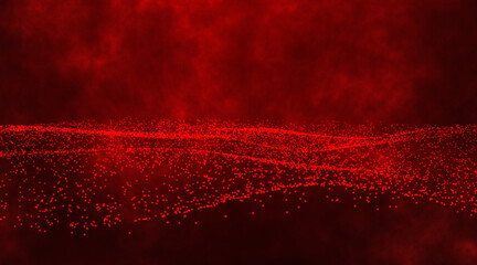 Poster - Futuristic red dots and smoke particles flowing wavy. Abstract red with dust particle on the white background. Beautiful wave shaped array of glowing dots.