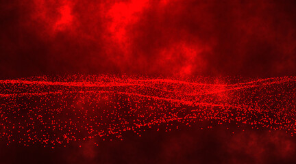 Poster - Abstract Waving Line Particle technology background. Glowing abstract digital wave red smoke particles. Futuristic illustration on dark background.