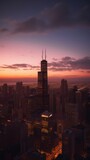 Fototapeta  - Cityscape of chicago at dusk with lights from the skyline. Generative AI