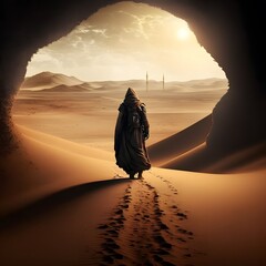 A man wearing old robe in a desert with a desert landscape and a desert scene