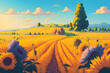 Rural landscape, a field of sunflowers illustration. Countryside landscape at sunny summer day. Beautiful farmland scene. AI generated illustration