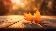 Autumn - Wooden Table With Orange Leaves And At Sunset In Defocused Abstract Background, Generative Ai