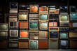Wall of vintage TVs. Digitally generated ai image