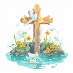 Wall Mural - Cartoon baptismal cross with symbolism and design Generative AI