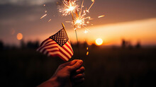 Usa Celebration With Hands Holding Sparklers And American Flag At Sunset With Fireworks, Generative Ai