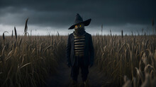 A Dark And Foggy Cornfield, With A Scarecrow Standing Tall In The Middle, Generative AI
