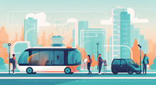 Beautiful Eco Friendly City View With Electric Busses And Cars On The Street And People Crossing The Road. Idyllic Place To Life, AI Generative Illustration 