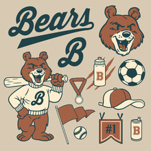 Grizzly Bear Vintage Old School Mascot Set