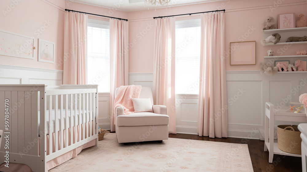 Cozy nursery with light pink walls and white wainscoting, generative ai ...