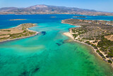 Fototapeta Do akwarium - Aerial view of the amazing colorful turquise  waters  of  Antiparos island, cyclades  Greece.