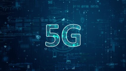 Poster - Motion graphic of Blue digital 5G letter logo and futuristic circle HUD with big data processed on grid line background and technology ai icon screen abstract background next generation concepts