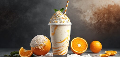 Wall Mural - Smoothie in a marble cup, complete with orange slices, cream, and a straw. Generative AI