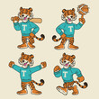 Set of Tiger Sport Mascot in Vintage Retro Hand Drawn Style