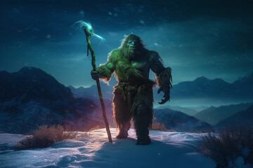 Wall Mural - Brutal looking orc warrior. Goblin warlord in a snowy landscape. generative ai. Troll warrior in the winter mountains