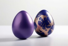 Easter Eggs With Purple And Navy Foils On White Background. 3D Render. Generative AI