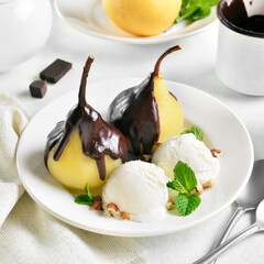 Wall Mural - Poached pears with chocolate sauce and ice cream