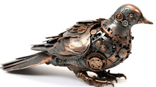 Metal Steampunk Pigeon With Decorative Elements On A White Background. Generative AI.