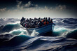 refugees in boat crossing stormy sea to get to another country