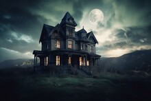 Spooky Haunted House With Dramatic Sky And Glowing Windows In 3D Illustration. Generative AI