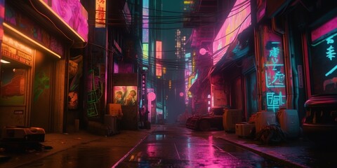 Generative AI, Night scene of after rain city in cyberpunk style, futuristic nostalgic 80s, 90s. Neon lights vibrant colors, photorealistic horizontal illustration..