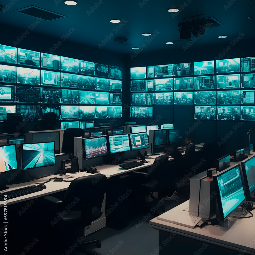 Security control cctv room interior with multiple monitors displaying ...