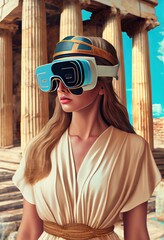 Portrait of young woman in VR glasses headset on time travel to Ancient Greece fantastic background. Virtual reality futuristic concept.