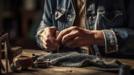 A mid-shot of a woman sewing a patch onto a pair of jeans, capturing the idea of mending and repairing clothing instead of discarding it. Generative AI