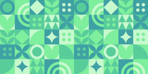 Green geometric mosaic seamless pattern illustration with nature abstract shapes. Fresh organic concept background print. Eco friendly minimalist shape texture, geometry collage.