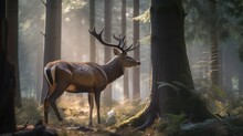 A Deer In The Forest. Generative AI Illustration.
