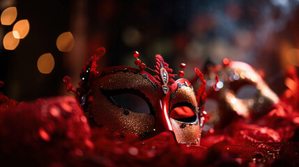 Carnival Party - Venetian Masks On Red Glitter With Shiny Streamers On Abstract Defocused Bokeh Lights with copy space for text, generative ai
