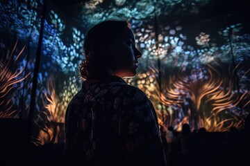 an awe-inspiring image of a person watching a 3d projection mapping show, capturing the wonder and e