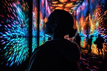 an awe-inspiring image of a person watching a 3d projection mapping show, capturing the wonder and e