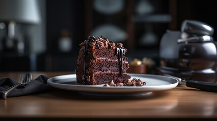 Wall Mural - Plate with slice of tasty homemade chocolate cake on table, generative ai