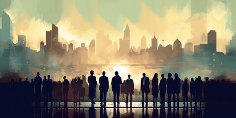 Business people silhouette over skyline city. Digital illustration generated by AI