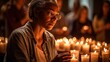 A woman lighting a candle during a vigil for peace, surrounded by others with lit candles. Generative AI