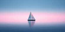 Minimalist Sailing Background Of A Sailboat Reflecting On The Still Water. A Lonely Sailing Boat Floating In The Ocean.
