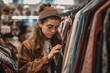 A mid-shot of a person shopping at a thrift store, browsing through a rack of second-handclothes, highlighting the benefits of supporting sustainable fashion. Generative AI