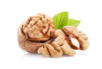Wall Mural - Walnuts kernel with leaves on white background