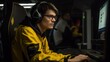 © 22Imagesstudio - Professional eSports player wearing a team jersey and headphones, intensely focused on their gaming monitor during a high-stakes competition. Generative AI