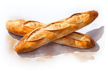 baguette on a white background, watercolor - Ai