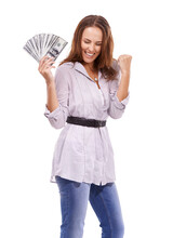 Isolated Woman, Money Fan And Celebration For Winning, Lotto Or Crypto Profit By Transparent Png Background. Model, Winner Girl And Cash With Excited Face, Smile Or Savings For Trading, Bonus Or Goal