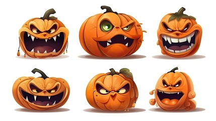 Halloween pumpkins with with spooky funny faces isolated on the white background - Generative AI