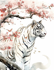  White tiger asian style art, wall print, digital print, wild life, Japanese culture. Generative AI