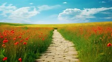 Yellow Brick Road Through Green Meadows With Red Poppy Flowers, Fantasy Summer Outdoor Background. AI Generative.